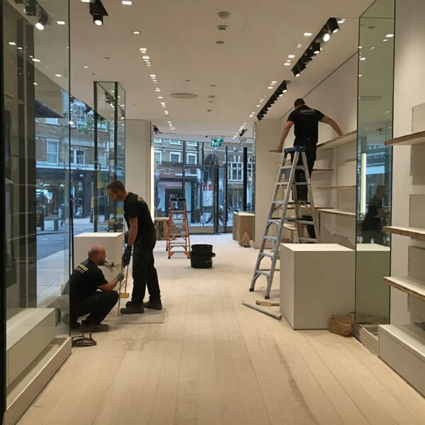 An image of men installing signs on the interior of a store.